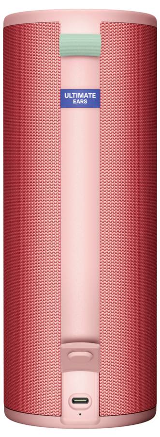 Enceinte portable rouge avec port USB en bas. Logo 'ULTIMATE EARS' en haut. Forme oblongue, verticale.