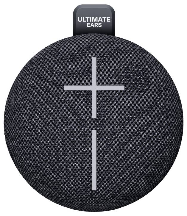 Enceinte ronde noire avec des signes plus et moins gris pour le réglage du volume, portant l'inscription 'Ultimate Ears' sur le dessus.