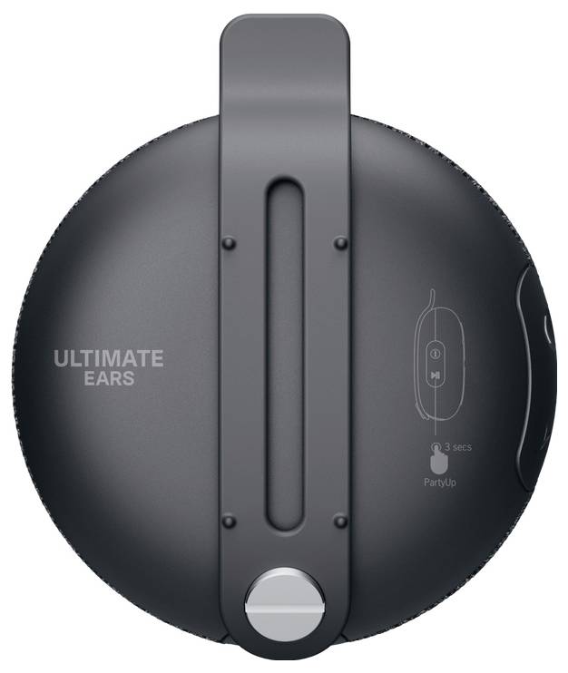 Enceinte Bluetooth ronde de couleur gris foncé de Ultimate Ears, équipée d'une poignée de transport. Des symboles de commande sont représentés sur le côté.