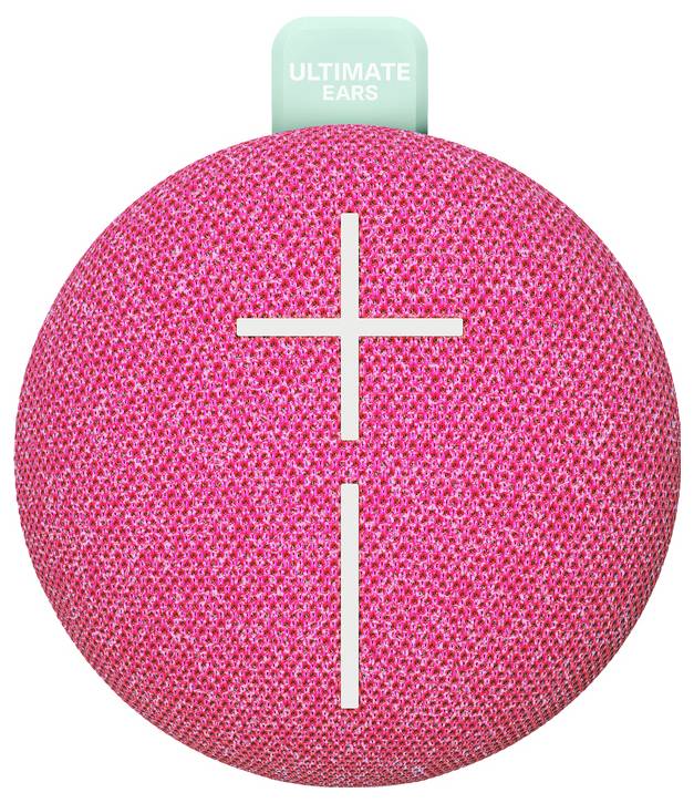 Un haut-parleur portable rose avec des symboles +- pour le réglage du volume et une languette verte en haut portant l'inscription 'Ultimate Ears'.