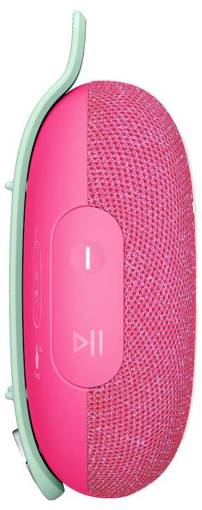 Enceinte portable sans fil en rose et vert, vue de côté. Les touches de réglage du volume et de contrôle de la lecture sont visibles.