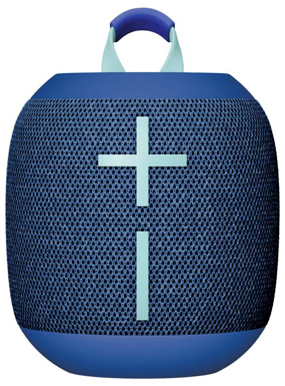 Un haut-parleur portable compact bleu avec des signes plus et moins pour régler le volume, facile à transporter.