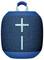 Un haut-parleur portable compact bleu avec des signes plus et moins pour régler le volume, facile à transporter.