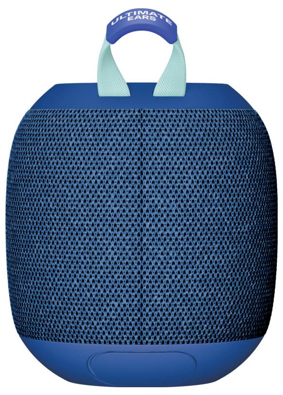 Enceinte portable bleue avec une grille métallique et une poignée de transport sur le dessus.