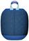 Enceinte portable bleue avec une grille métallique et une poignée de transport sur le dessus.