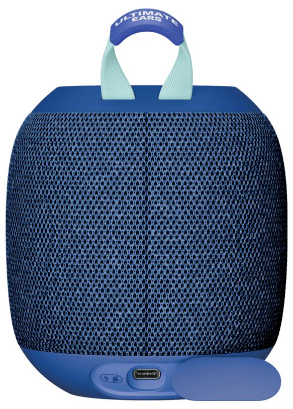 Enceinte portable bleue avec poignée de transport et port USB, idéale pour les événements en extérieur ou les fêtes.
