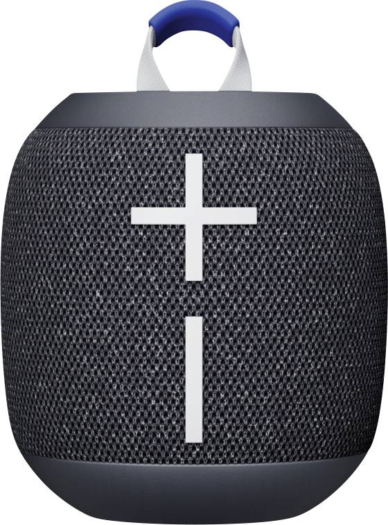 Enceinte portable avec boîtier noir, symbole plus-et-moins blanc sur le côté, lanière de transport bleue en haut.