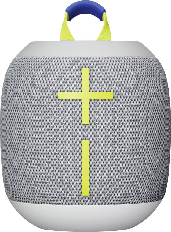 Enceinte portable grise avec un motif en croix jaune sur l'avant et une poignée bleue en haut.