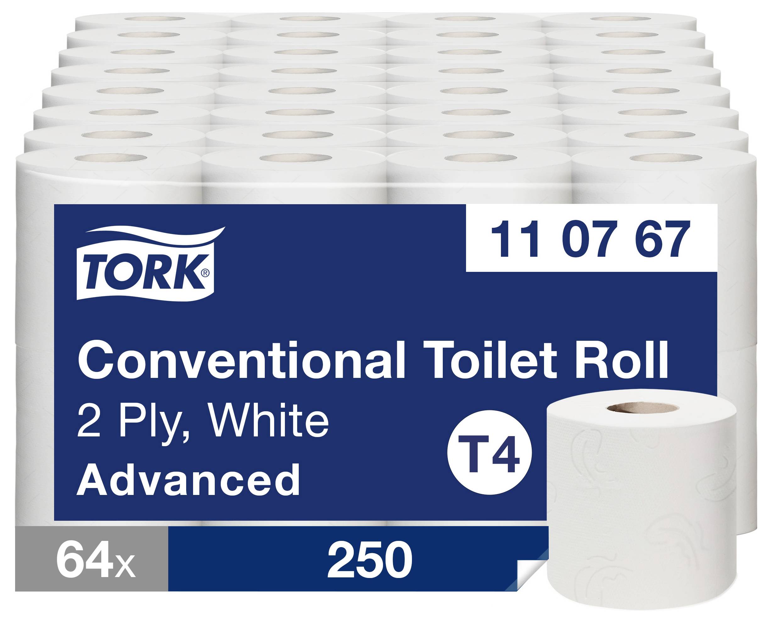 16 rouleaux de papier toilette blancs dans un grand conditionnement, 2 plis, marque Tork, qualité avancée, code 11 07 67, 250 feuilles par rouleau.