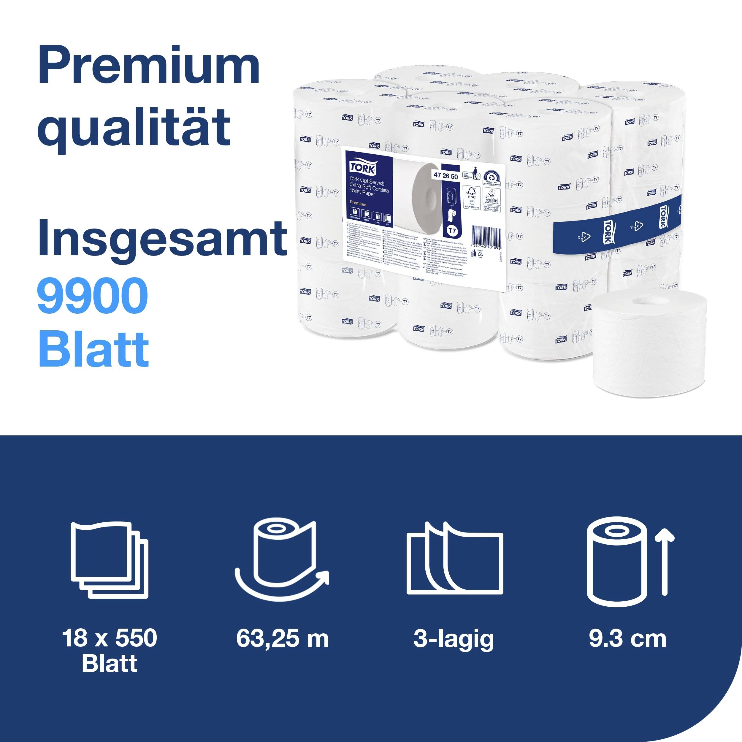 Un groupe de six grands rouleaux de papier toilette avec étiquette 'Qualité Premium'. Détails : 1980 x 550 feuilles, 63,25 m, 3 plis, 9,3 cm.