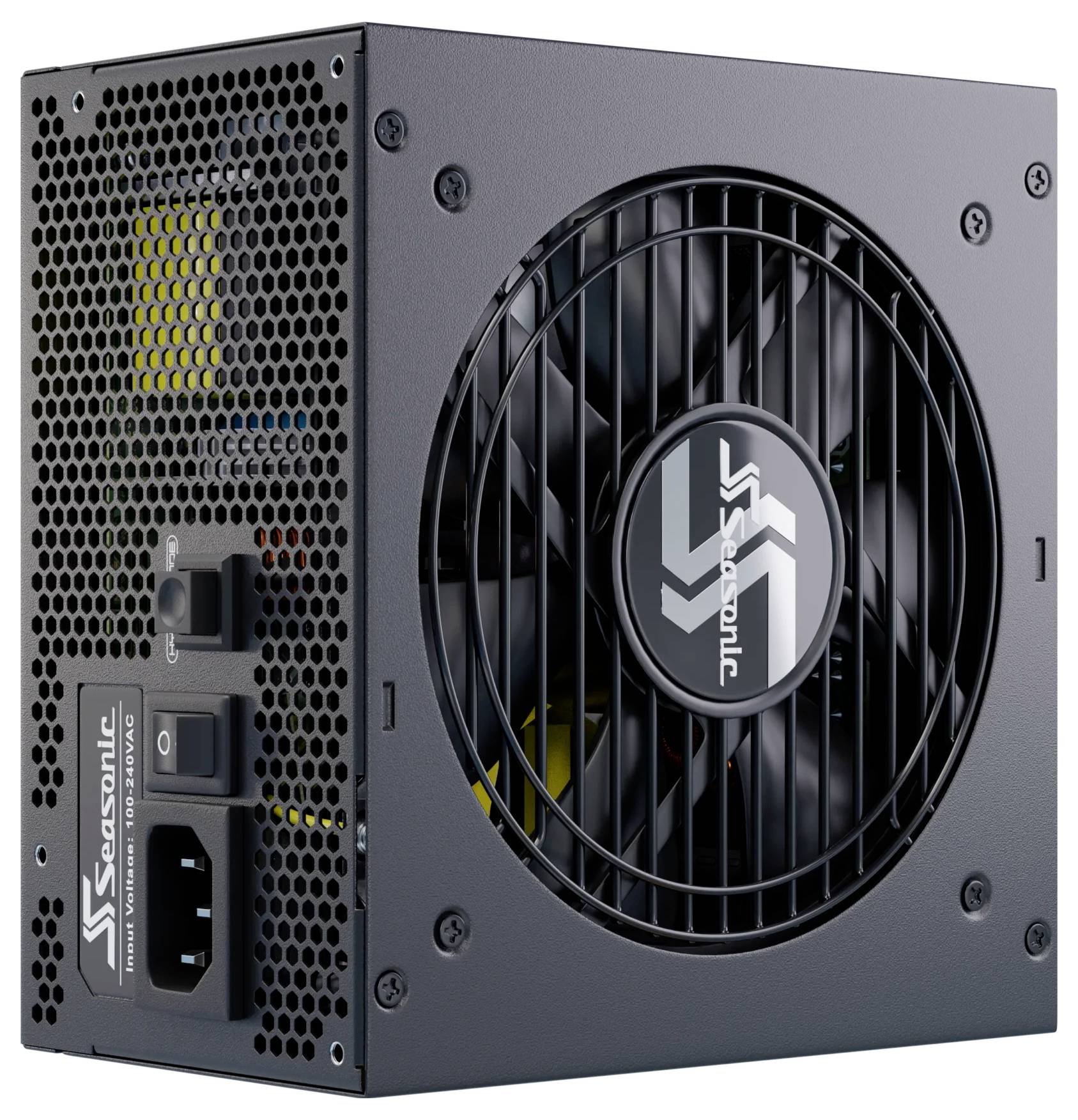 Un bloc d'alimentation PC noir de Seasonic avec ventilateur et plusieurs connecteurs sur le côté. Convient à l'alimentation électrique d'un ordinateur.