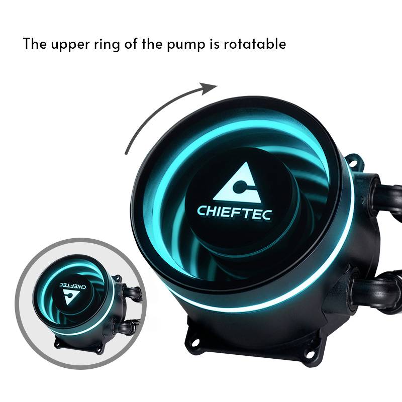 Une pompe d'ordinateur noire avec un bord bleu lumineux, affichant le mot 'CHIEFTEC'. Une flèche pointe vers un anneau en rotation.
