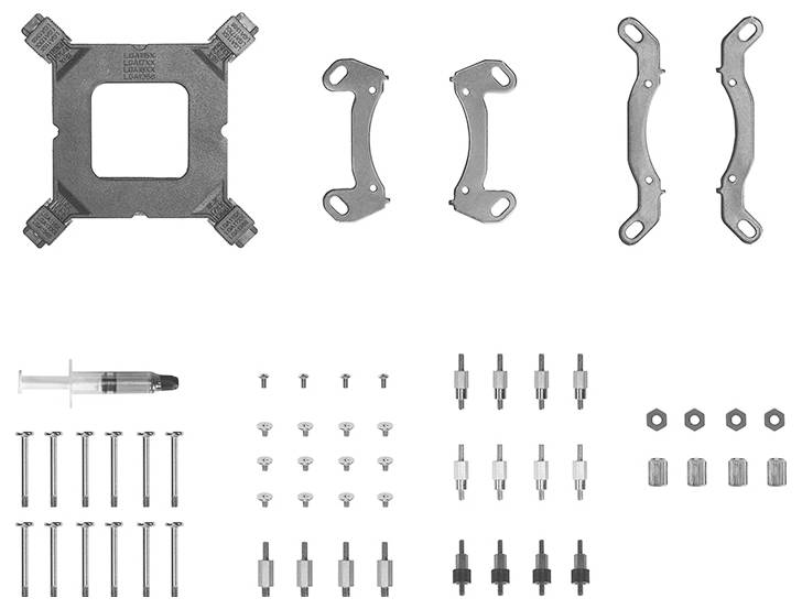 Kit de montage pour dissipateur thermique de CPU : Comprend une plaque arrière, deux supports, diverses vis, entretoises et une pâte thermique.