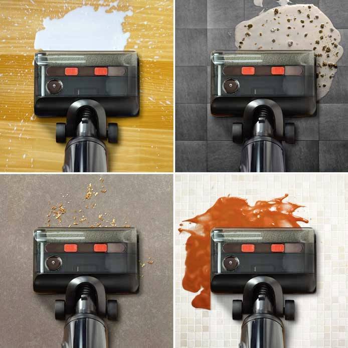 Un embout d'aspirateur nettoie différents types de sols : en haut à gauche du bois avec de la poudre blanche, en haut à droite des carreaux avec des grains de café, en bas à gauche des carreaux avec des miettes, en bas à droite des carreaux avec du jus.
