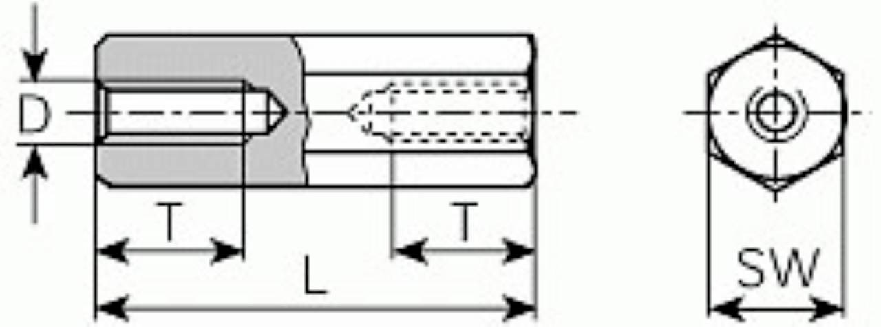 Dessin technique d'une pièce cylindrique avec les dimensions 'D', 'T', 'L' et 'SW' en vue latérale et en coupe frontale pour spécification mécanique.