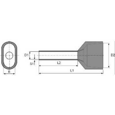 Dessin technique d'un cosse de câble avec dimensions : Diamètre (D1, D2), Longueur (L1, L2) et Largeur (E). Vue latérale et vue de dessus.