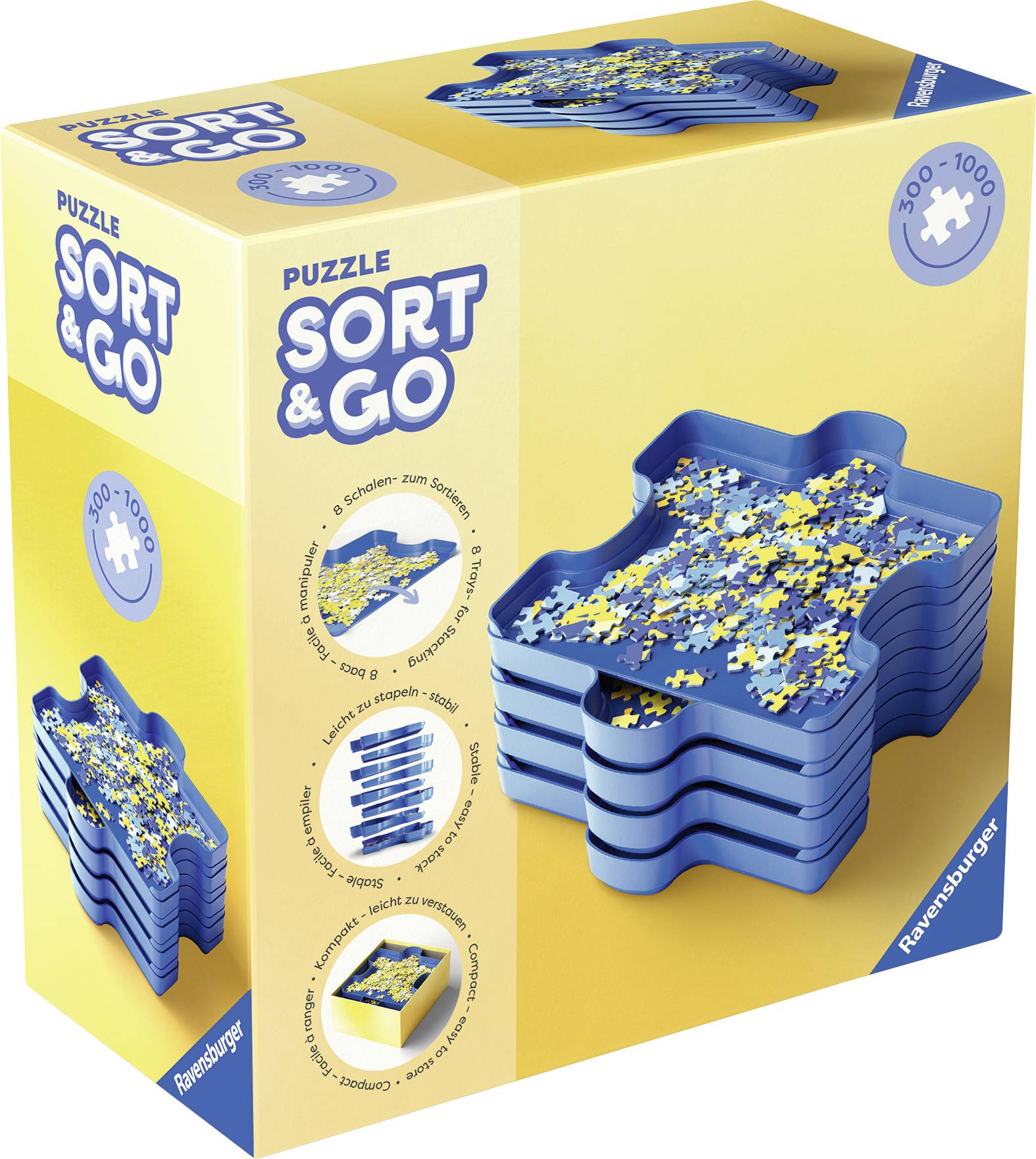 'Ravensburger Puzzle Sort & Go' : Boîte de rangement pour pièces de puzzle. Contient plusieurs plateaux empilables pour un tri facile de 300 à 1000 pièces.