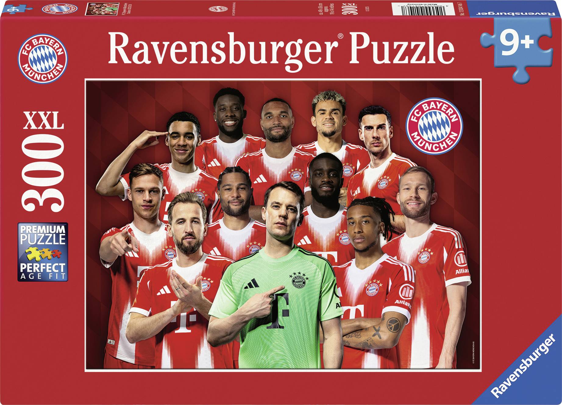 'Puzzle Ravensburger, 300 XXL, joueurs du FC Bayern Munich posant ensemble en maillots rouges, adapté aux enfants de 9 ans et plus.'