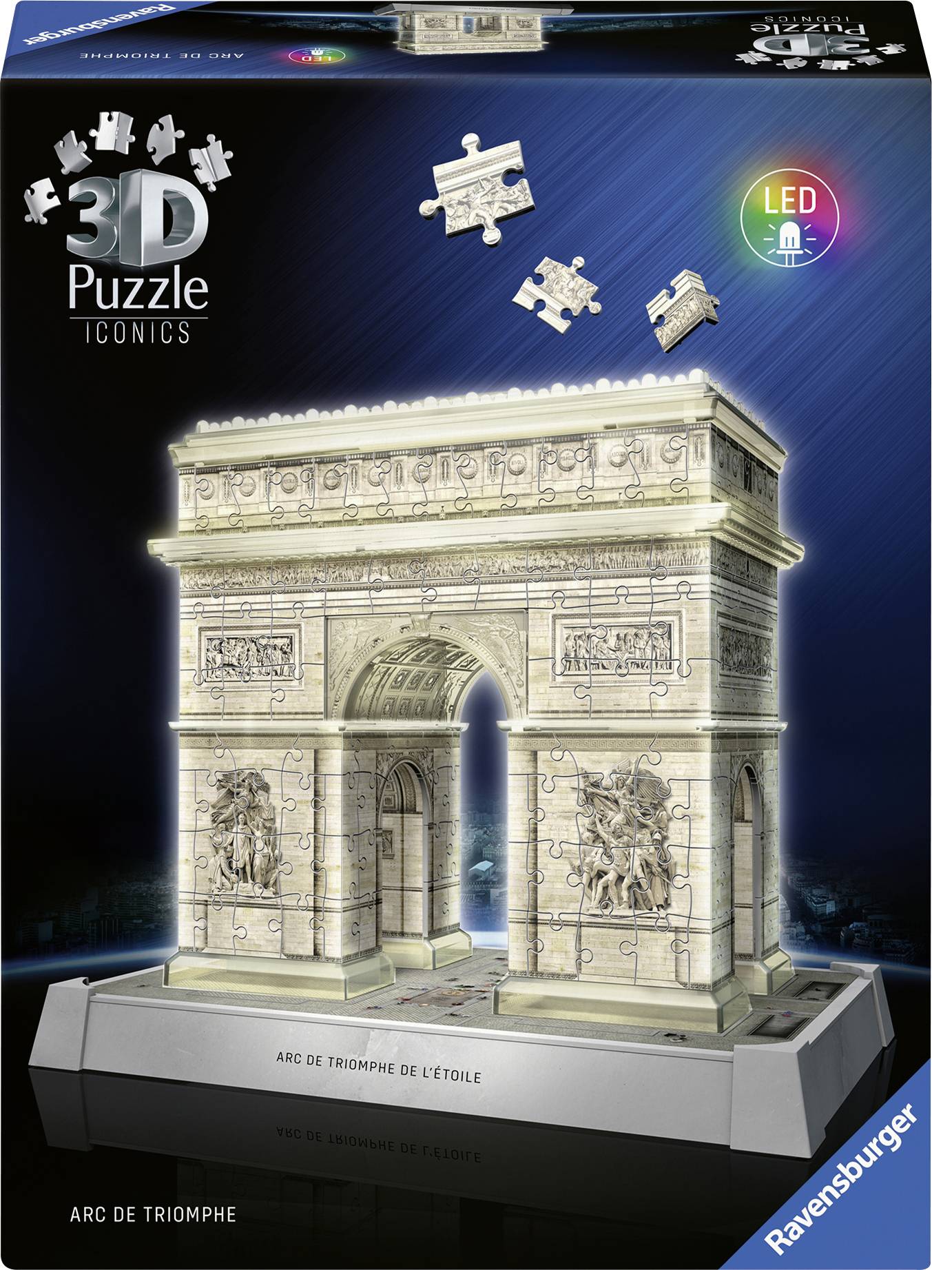 Puzzle 3D de l'Arc de Triomphe sur fond noir. Pièces du puzzle en vol, éclairage LED, marque Ravensburger.