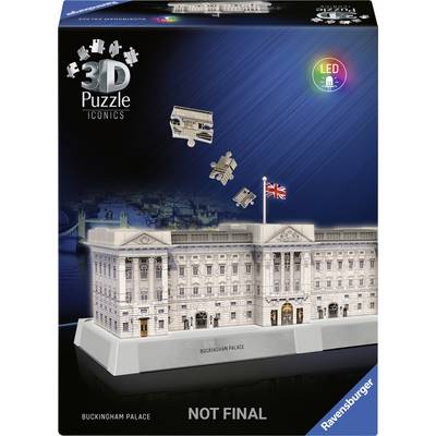 Boîte à puzzle 3D avec le motif du Palais de Buckingham de nuit. Comprend une fonction d'éclairage LED. La boîte présente le modèle terminé.