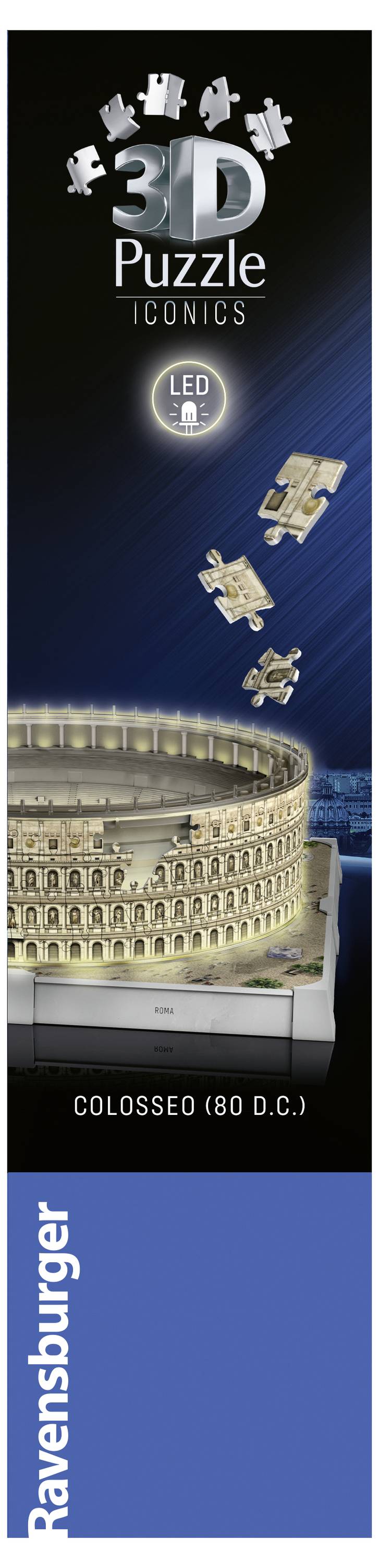 Puzzle iconique '3D Puzzle' avec éclairage LED, représentation du Colisée de nuit, logo Ravensburger en bas, image du puzzle une fois terminé.