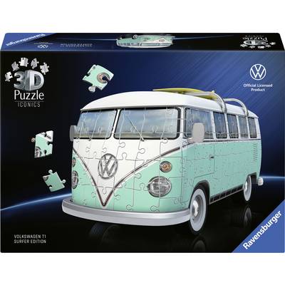 Puzzle 3D d'un Volkswagen T1 en édition Surfer avec des planches de surf fixées sur le toit. Image du produit Ravensburger.