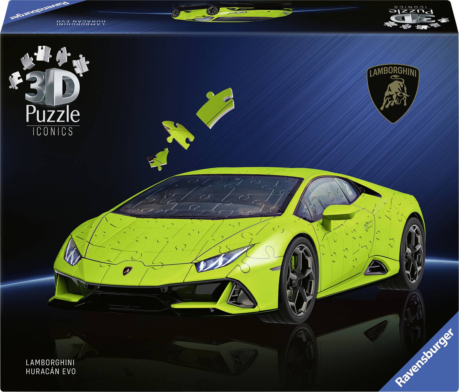 Puzzle 3D du Lamborghini Huracan Evo de Ravensburger, vert, sur un fond sombre. Comprend des pièces de puzzle et le logo de la marque.