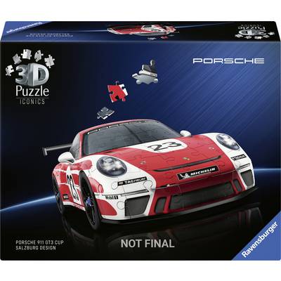 Puzzle 3D de la Porsche 911 GT3 avec peinture rouge et blanche, numéro de course '23', sur un fond bleu foncé. Les logos de marque et les pièces du puzzle flottent au-dessus.