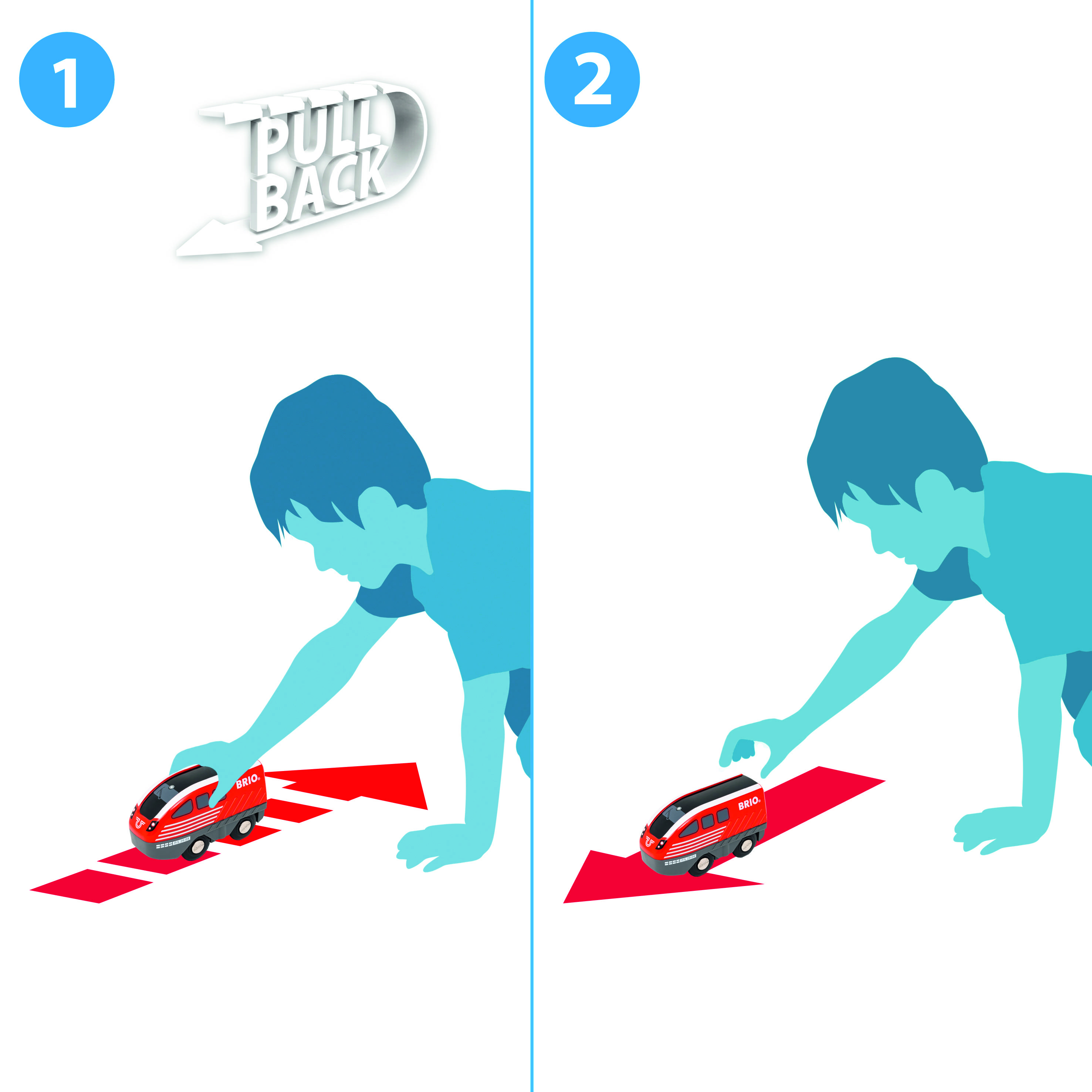 « Tirez la voiture en arrière et lâchez-la » montre un enfant qui remonte une voiture de jouet pour la lancer sur un circuit.