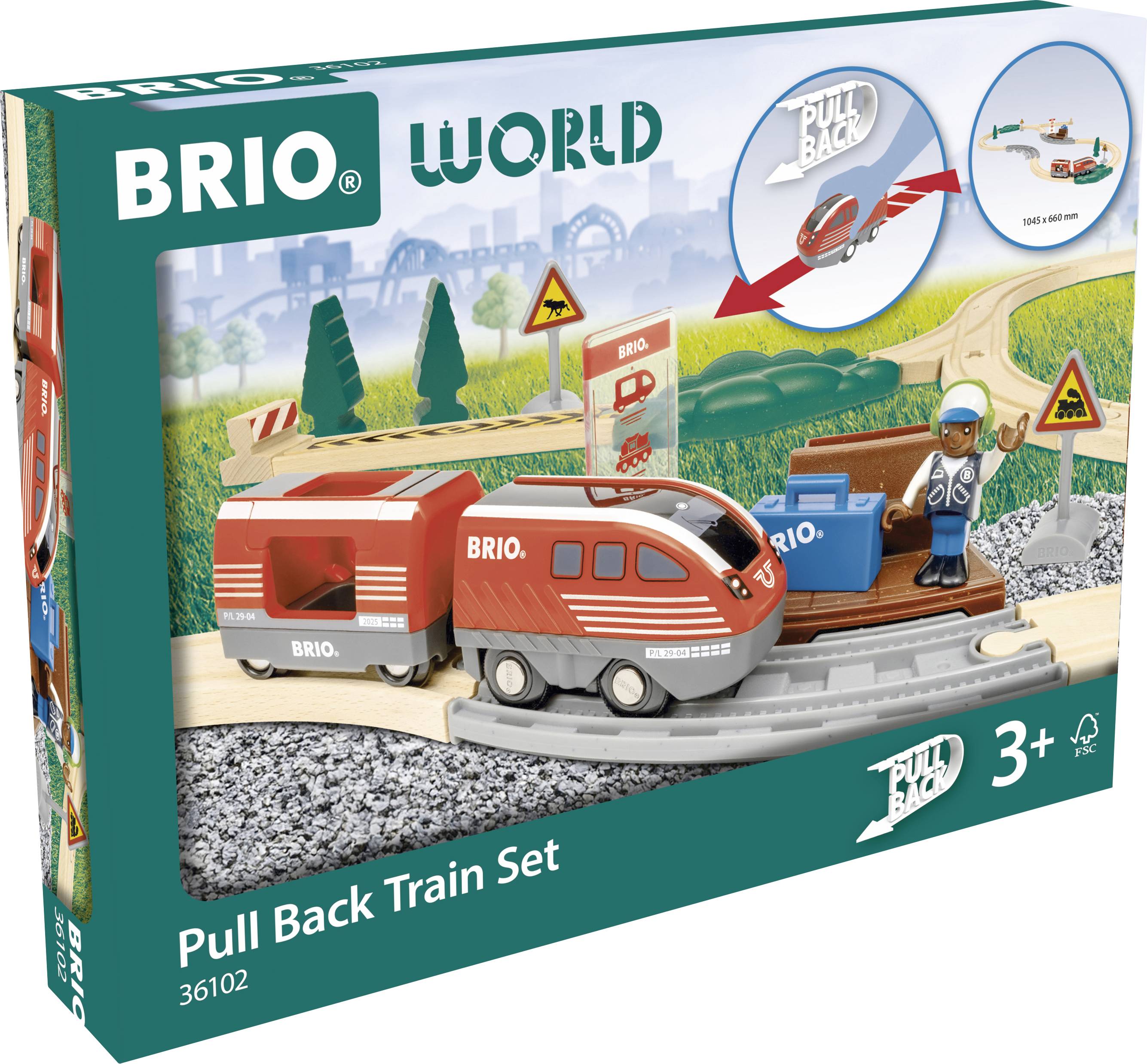 Ensemble de train miniature avec train rouge, rails et personnages dans un paysage. Comprend un panneau d'avertissement et autres accessoires. Pour enfants à partir de 3 ans.