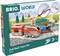 Ensemble de train miniature avec train rouge, rails et personnages dans un paysage. Comprend un panneau d'avertissement et autres accessoires. Pour enfants à partir de 3 ans.