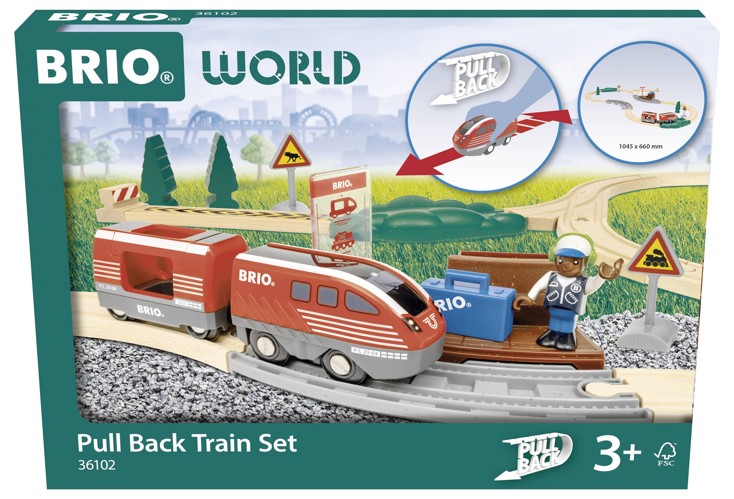 Un coffret de train miniature présente un train rouge et blanc avec une figurine de contrôleur et des accessoires sur un circuit ovale, adapté aux enfants à partir de 3 ans.