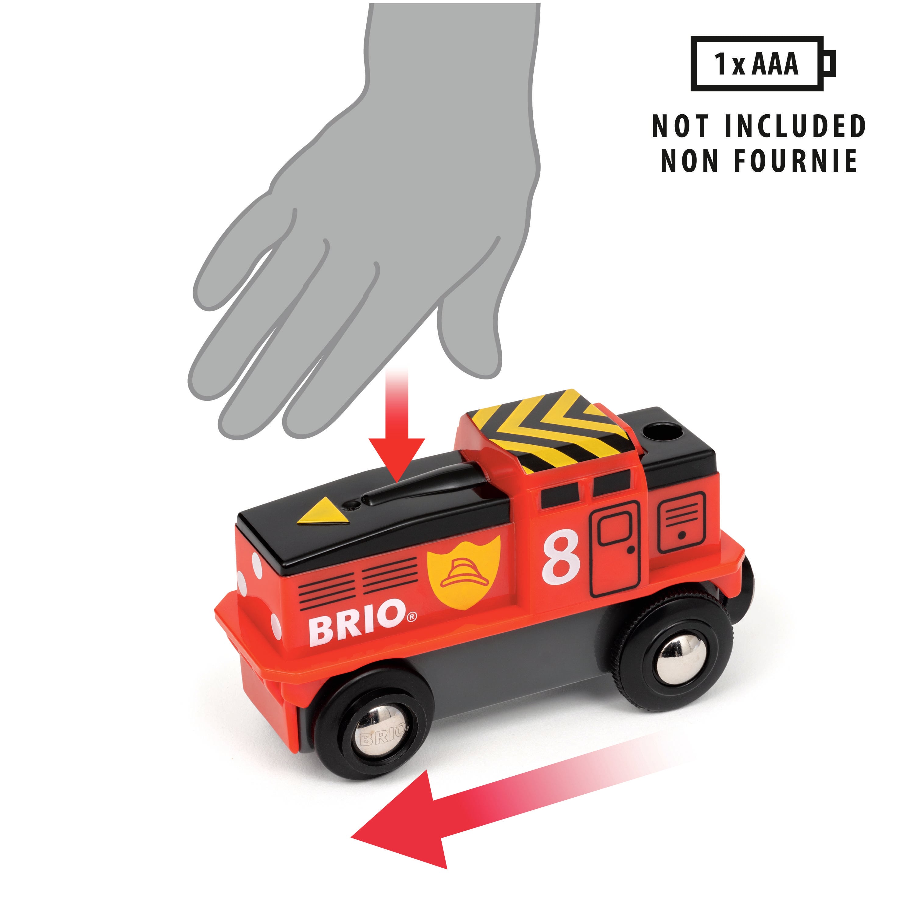 Une voiture de train jouet rouge avec le numéro 8, qui s'active par un geste de la main. Une pile AAA est nécessaire.