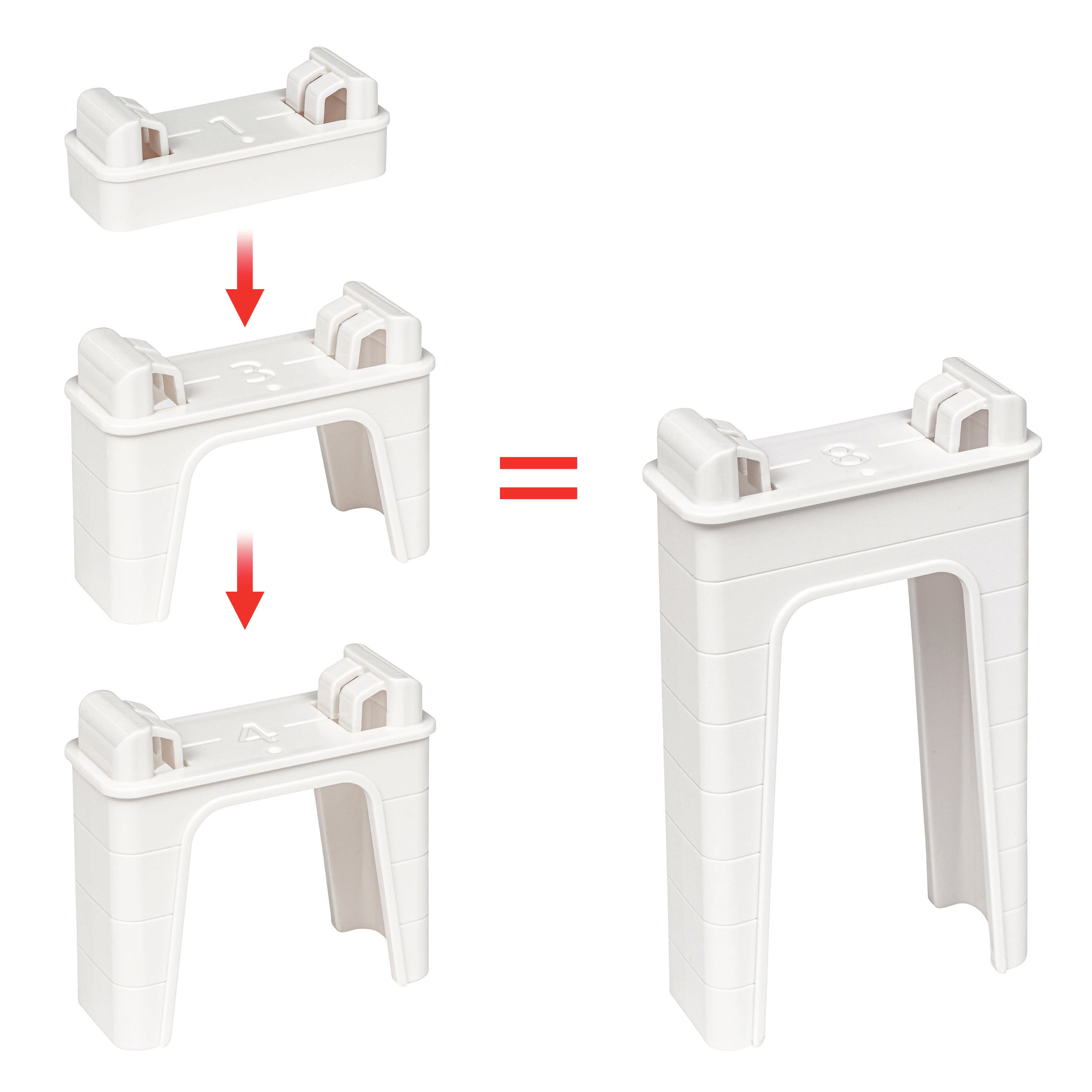 L'illustration montre le montage étape par étape d'un accessoire assemblé à partir de pièces formant un riser de grande hauteur.