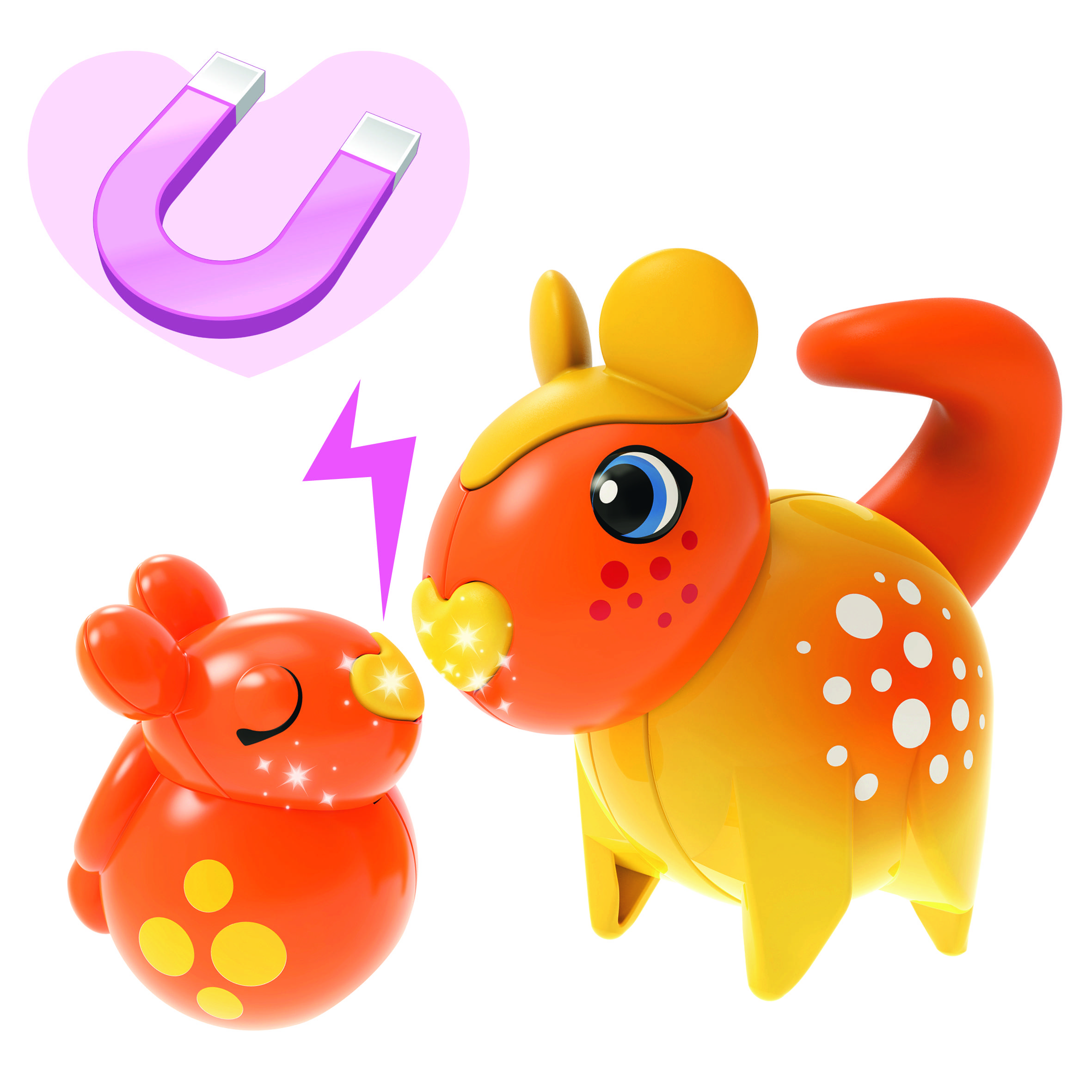 Un animal en jouet orange et un autre rouge à pois se renifrent mutuellement. Un cœur avec un aimant est représenté au-dessus d'eux.