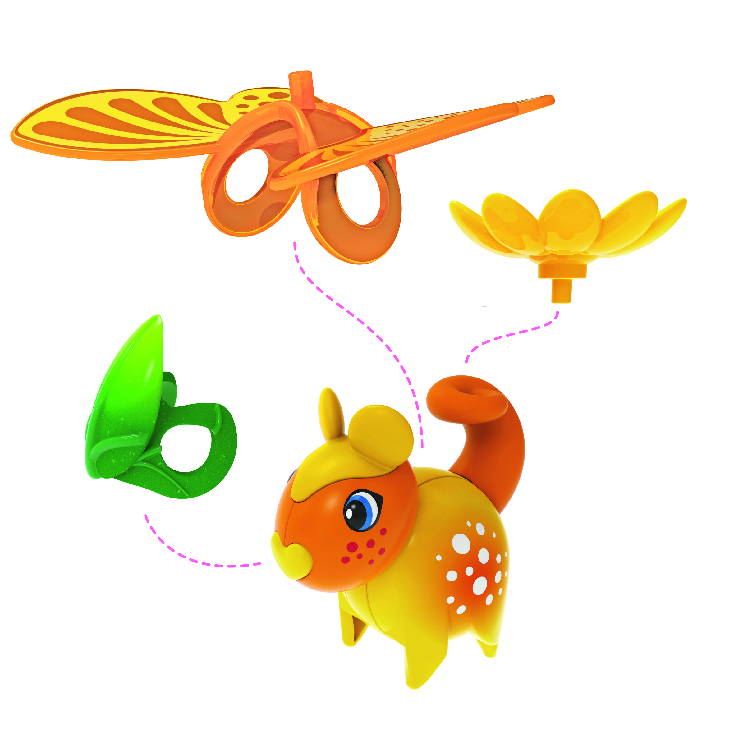 Un jouet en forme d'animal orange et jaune avec des ailes jaunes amovibles et des feuilles vertes, représenté dans un dessin éclaté.