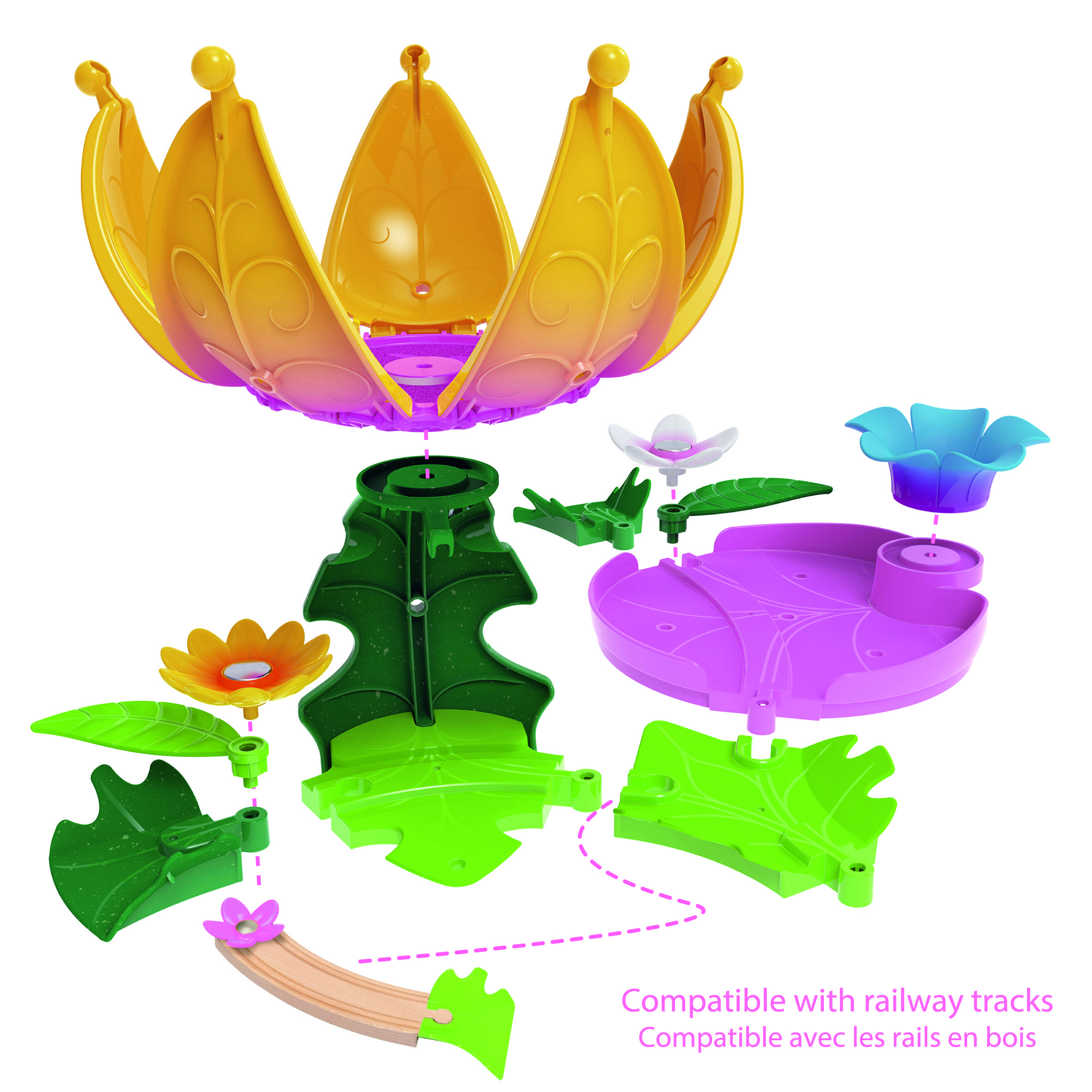 Circuit de train jouet avec modules de fleurs colorés, compatible avec les rails de train. Comprend une couronne jaune, un lac violet et des feuilles vertes.