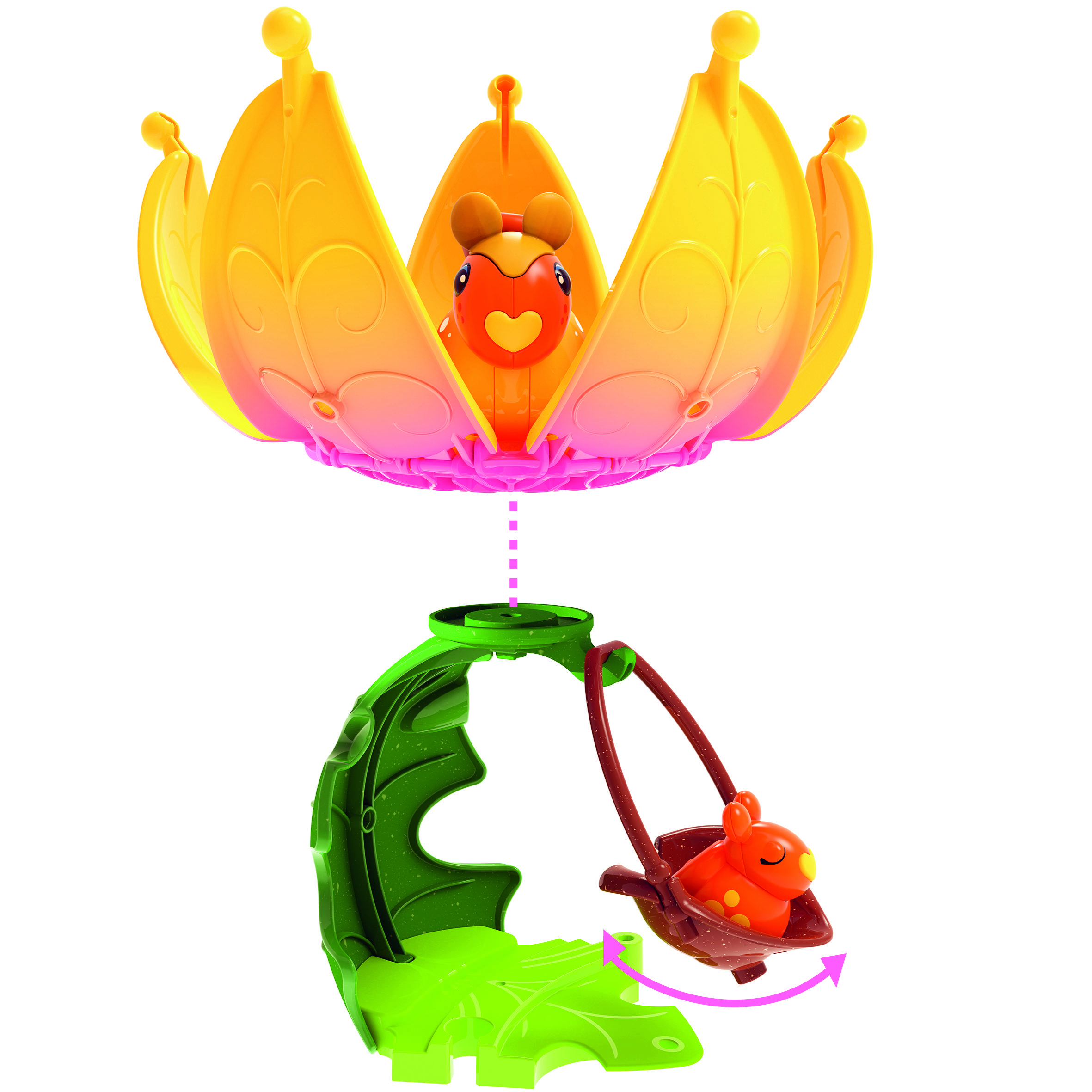 Jouet avec une fleur orange-jaune ouverte, au centre de laquelle se trouve une figurine animale ; en dessous, un balançoire avec une deuxième figurine animale.