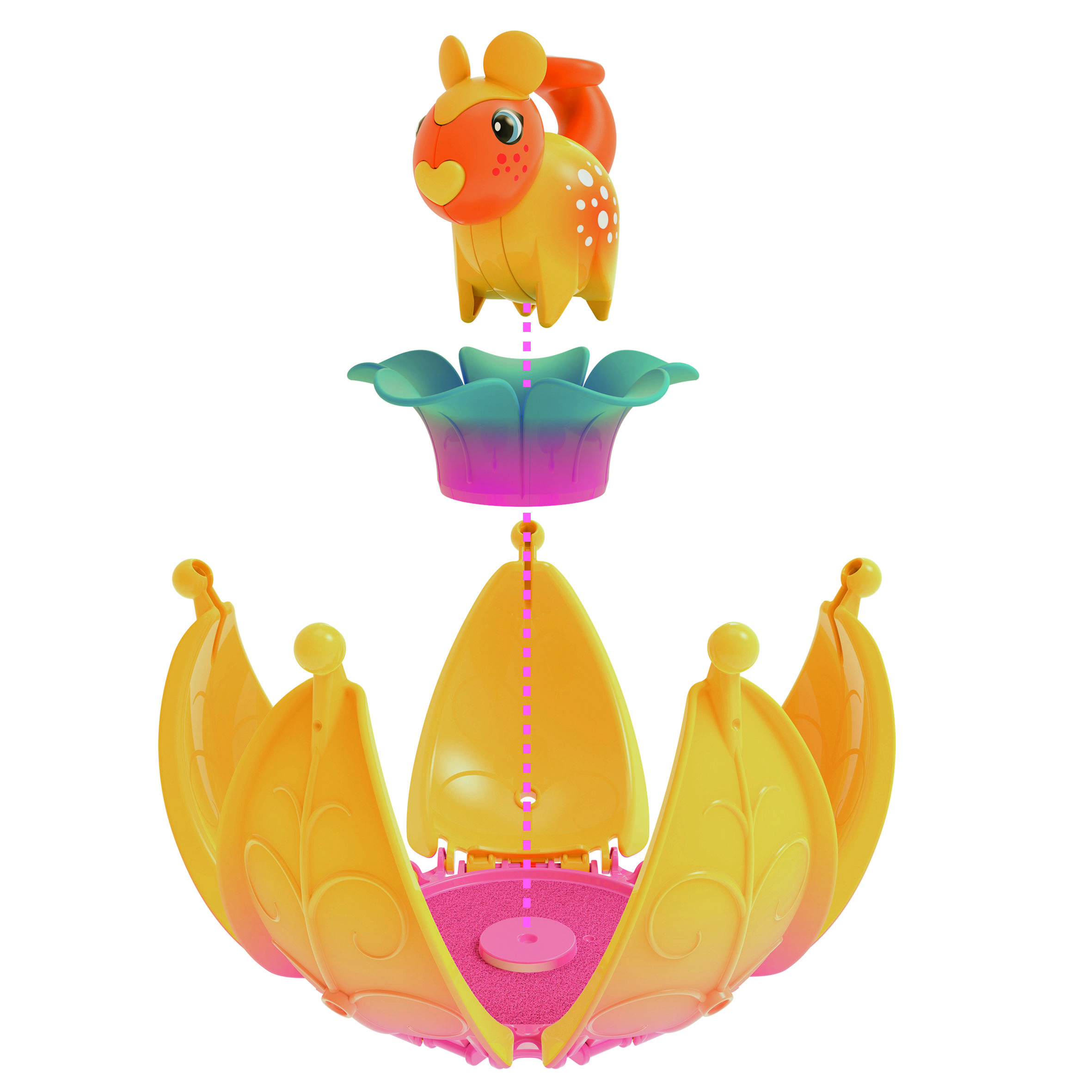 Un jouet orange en forme d'animal avec un cœur jaune sur la poitrine est assis sur une fleur verte au-dessus d'une base jaune qui s'ouvre.