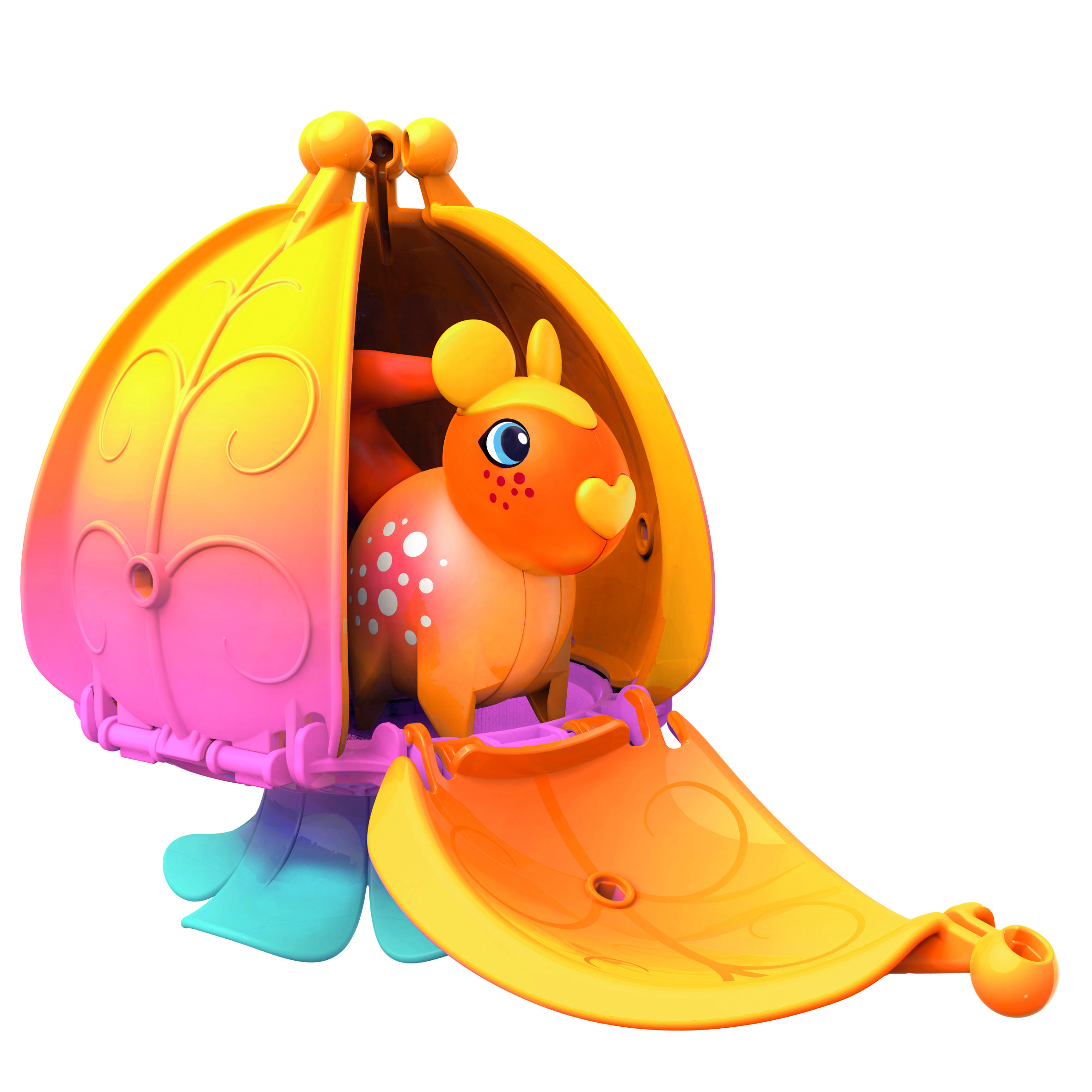 Un jouet coloré en forme d'œuf orange et rose, ouvert, révélant un animal souriant avec de grands yeux et des moustaches à l'intérieur.