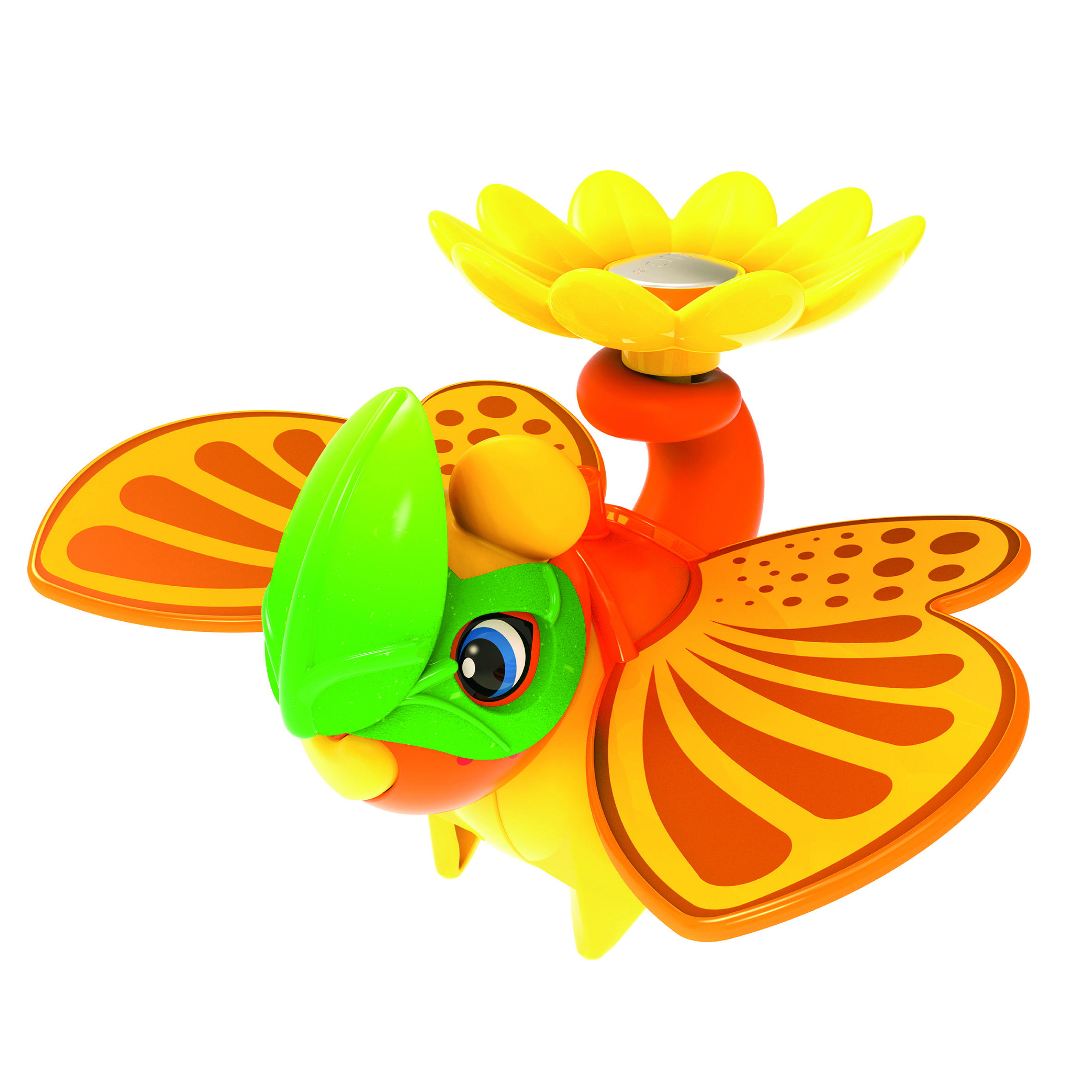 Un jouet aux couleurs vives avec des ailes de papillon et une poignée en forme de fleur. Les couleurs principales sont le jaune, l'orange et le vert.