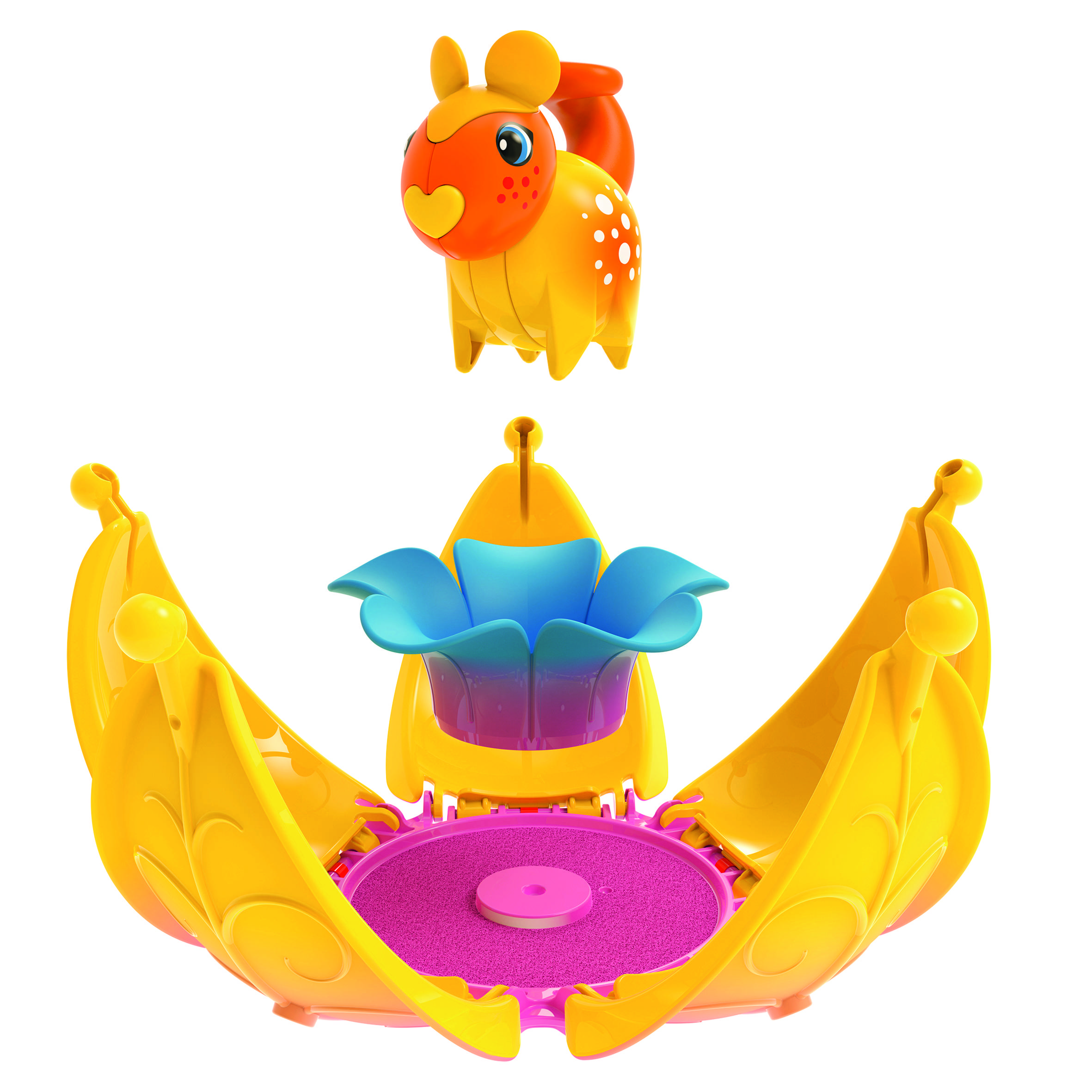Un jouet coloré et ludique pour chat, avec un élément de poisson bondissant au-dessus d'une base jaune en forme de coupelle.