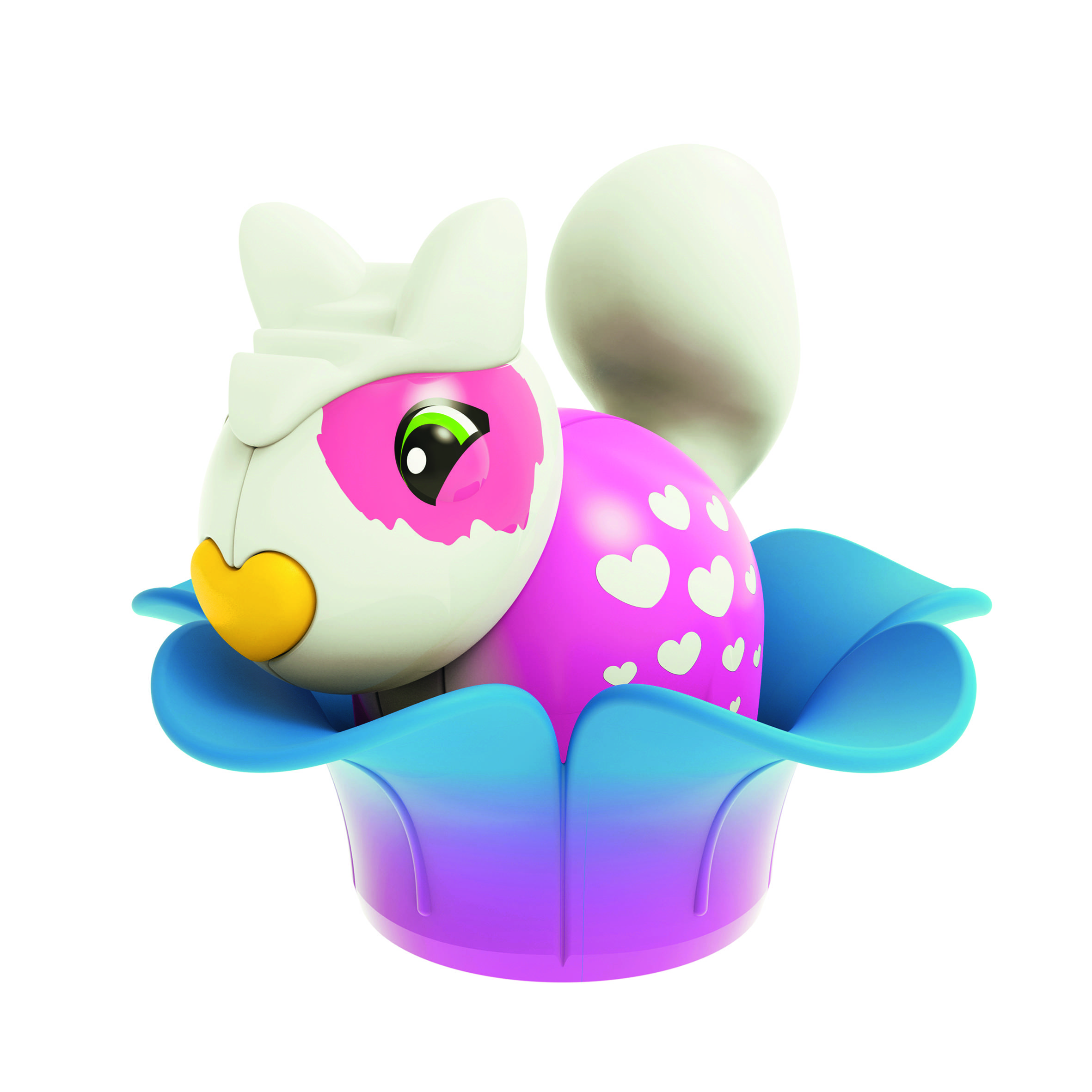 Figurine de jouet d'un oiseau rose à bec jaune et avec des cœurs, assis dans une fleur bleue.