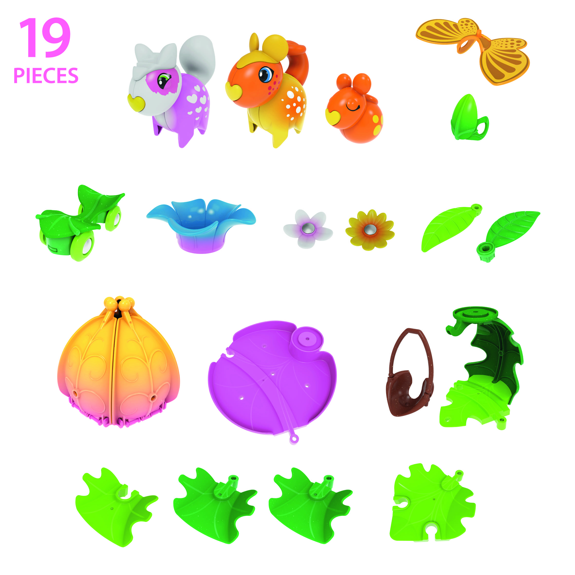 Un kit de '19 pièces' présente des éléments colorés et assemblables, comprenant des têtes d'animaux, des feuilles, des fleurs et des éléments décoratifs.