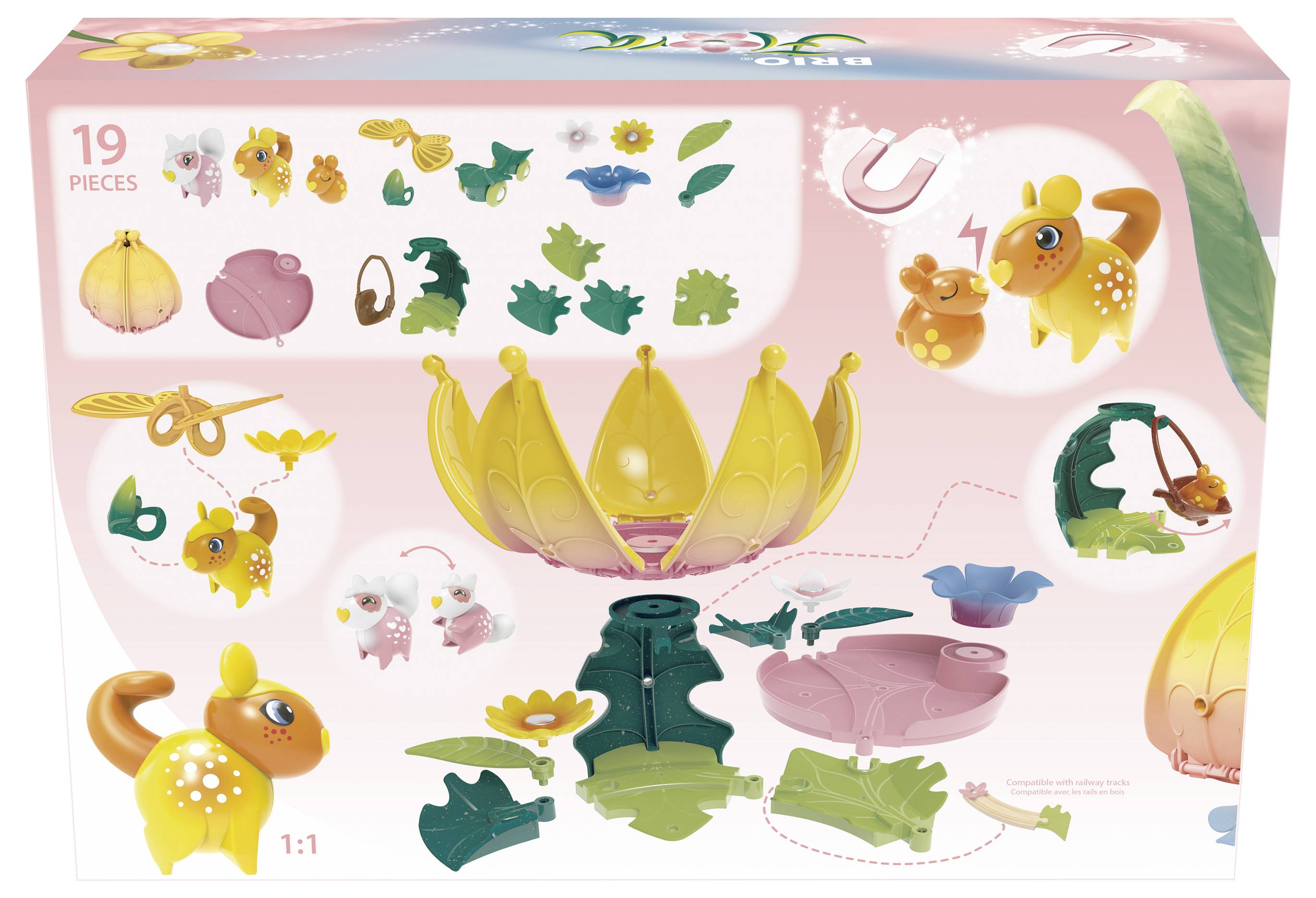 Kit de bricolage de jouets avec 19 pièces. Contient des figurines d'animaux colorées et des pétales à assembler. L'emballage présente des modèles finis.