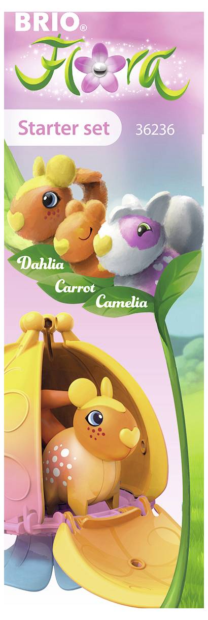 Ensemble de départ de jouets Brio-Hora avec trois figurines d'animaux colorées : Dahlia, Carrot et Camélia. L'emballage présente un motif floral.