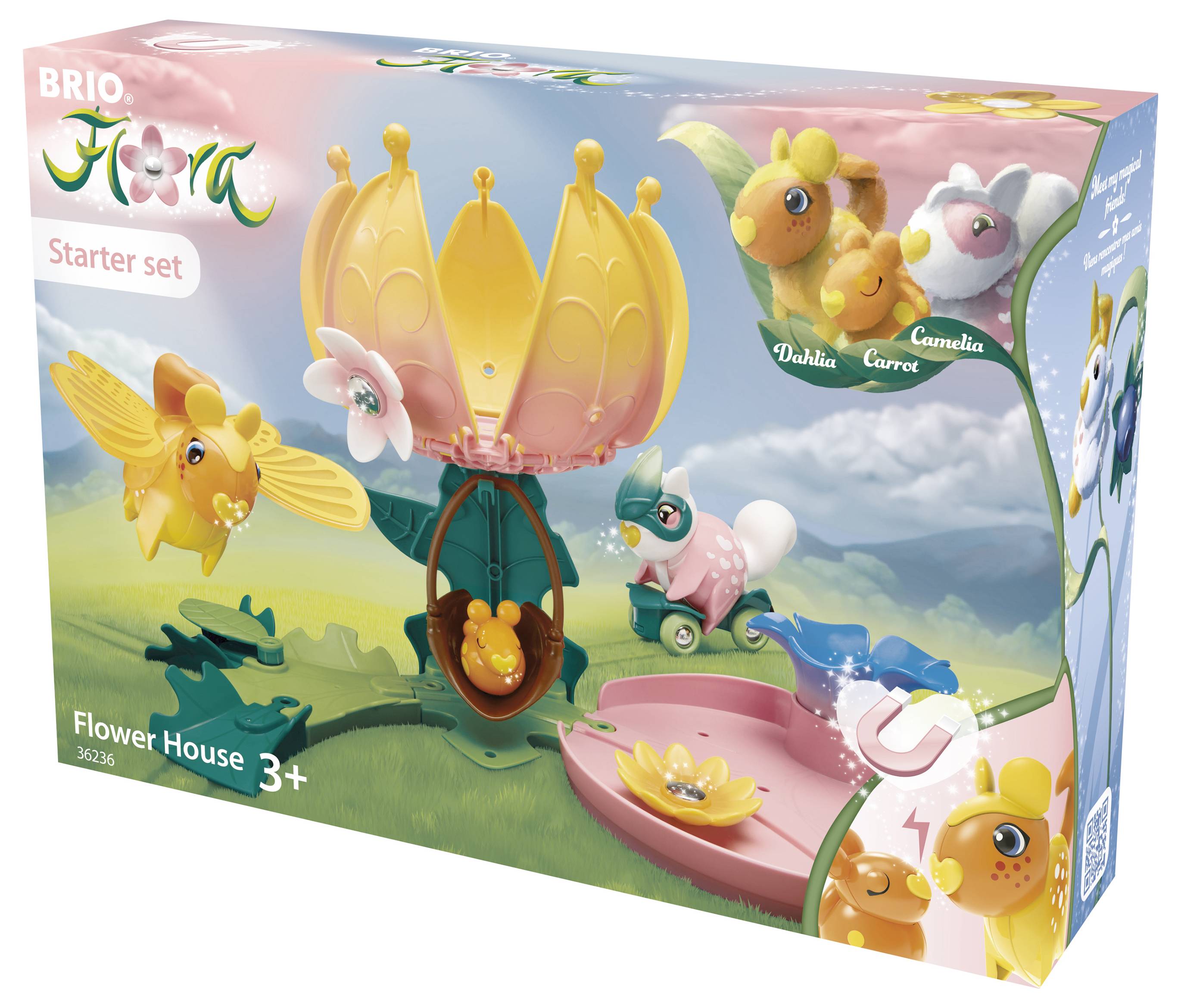 Un emballage de jouet de la marque Brio avec un ensemble "Maison des Fleurs". Comprend des figurines, une maison en forme de fleur et d'autres éléments de jeu. À partir de 3 ans.