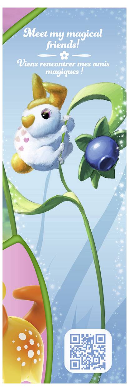 Une créature fantastique bleue et blanche est assise sur une fleur. En haut, il est écrit : « Rencontrez mes amis magiques ! ». Un code QR est présent en bas.