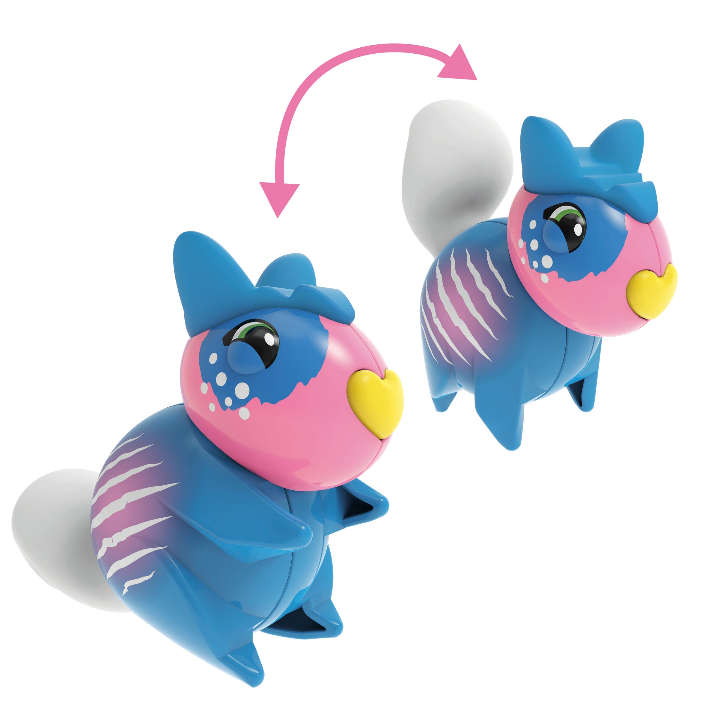 Un jouet mignon et coloré aux grands yeux se transforme lors de son mouvement. Une flèche indique la direction du mouvement.