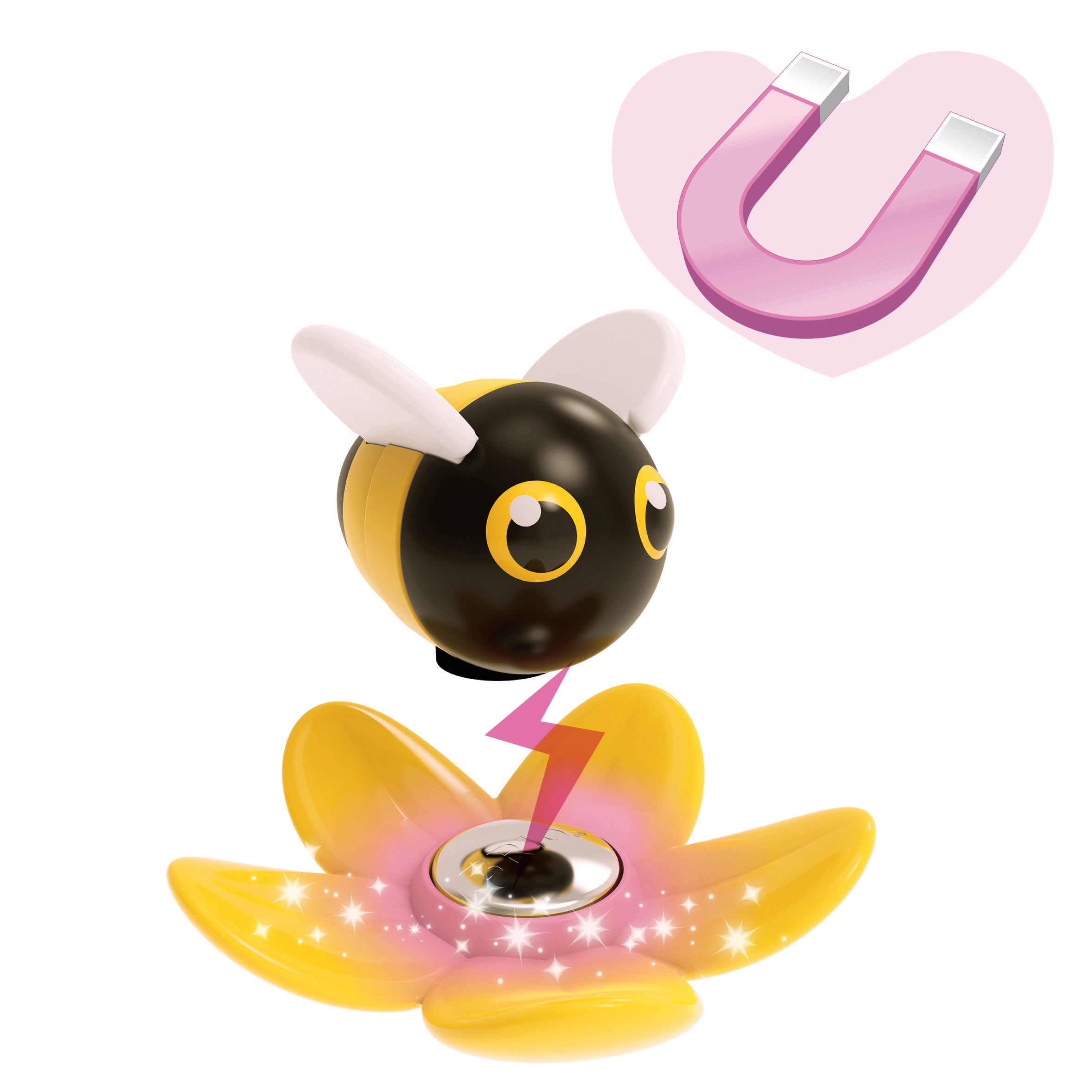 Une figure stylisée d'une abeille noir et jaune plane au-dessus d'une fleur jaune dotée d'un champ magnétique intégré. En haut à droite, un cœur avec un aimant.